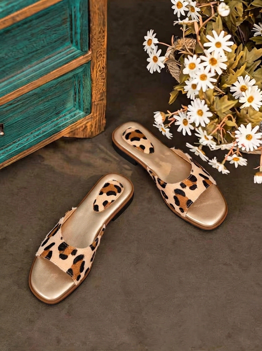 2026 New Women's Flat Open-Toe Slide Sandals with Leopard Print Single Strap