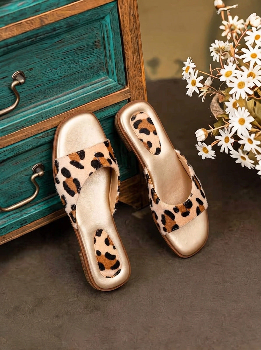 2026 New Women's Flat Open-Toe Slide Sandals with Leopard Print Single Strap